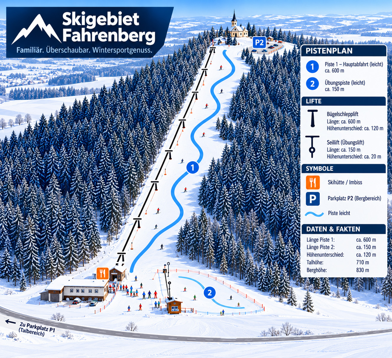 Pistenplan: Skilift 1 links und Skilift 2 rechts führen vom Tal zum Berg. Abfahrten 1 bis 4, Skihütte an der Bergstation von Skilift 1, Parkplatz an der Talstation.